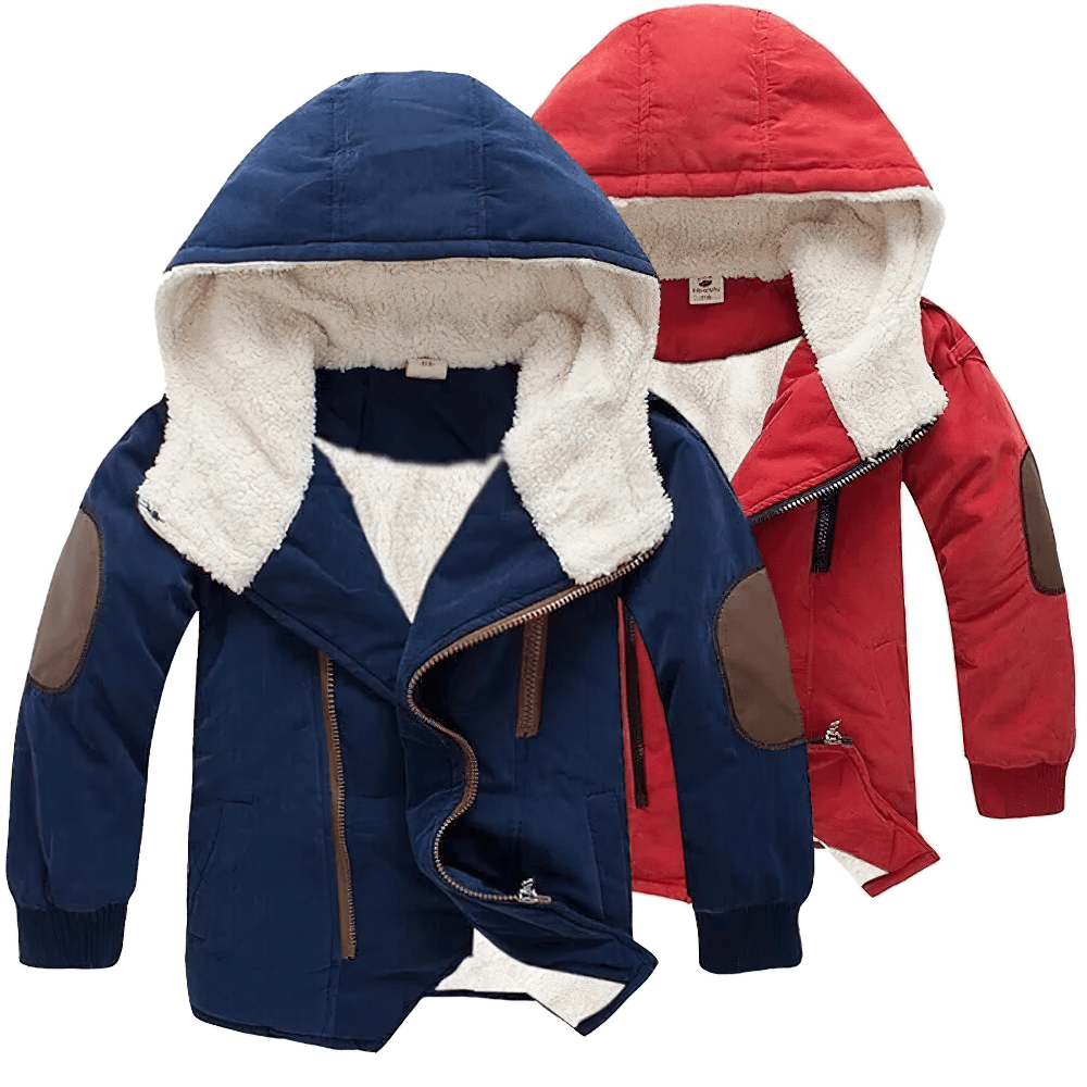 Kids Hooded Cotton Parka Jacket with Warm Lining - SF3591 in blue and red, featuring soft fleece and durable elbow patches for winter.