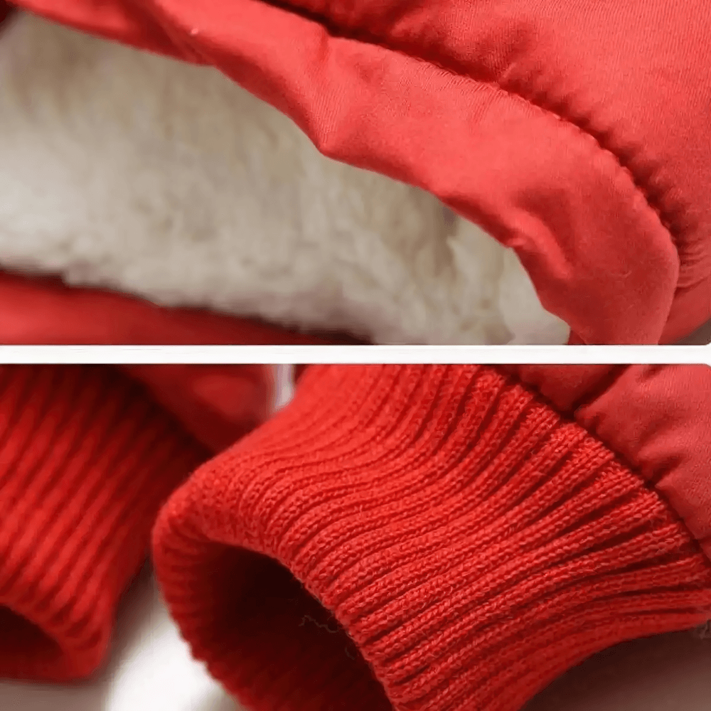 Close-up of Kids Hooded Cotton Parka Jacket with Warm Lining - SF3591 showing soft fleece lining and ribbed cuffs in red.