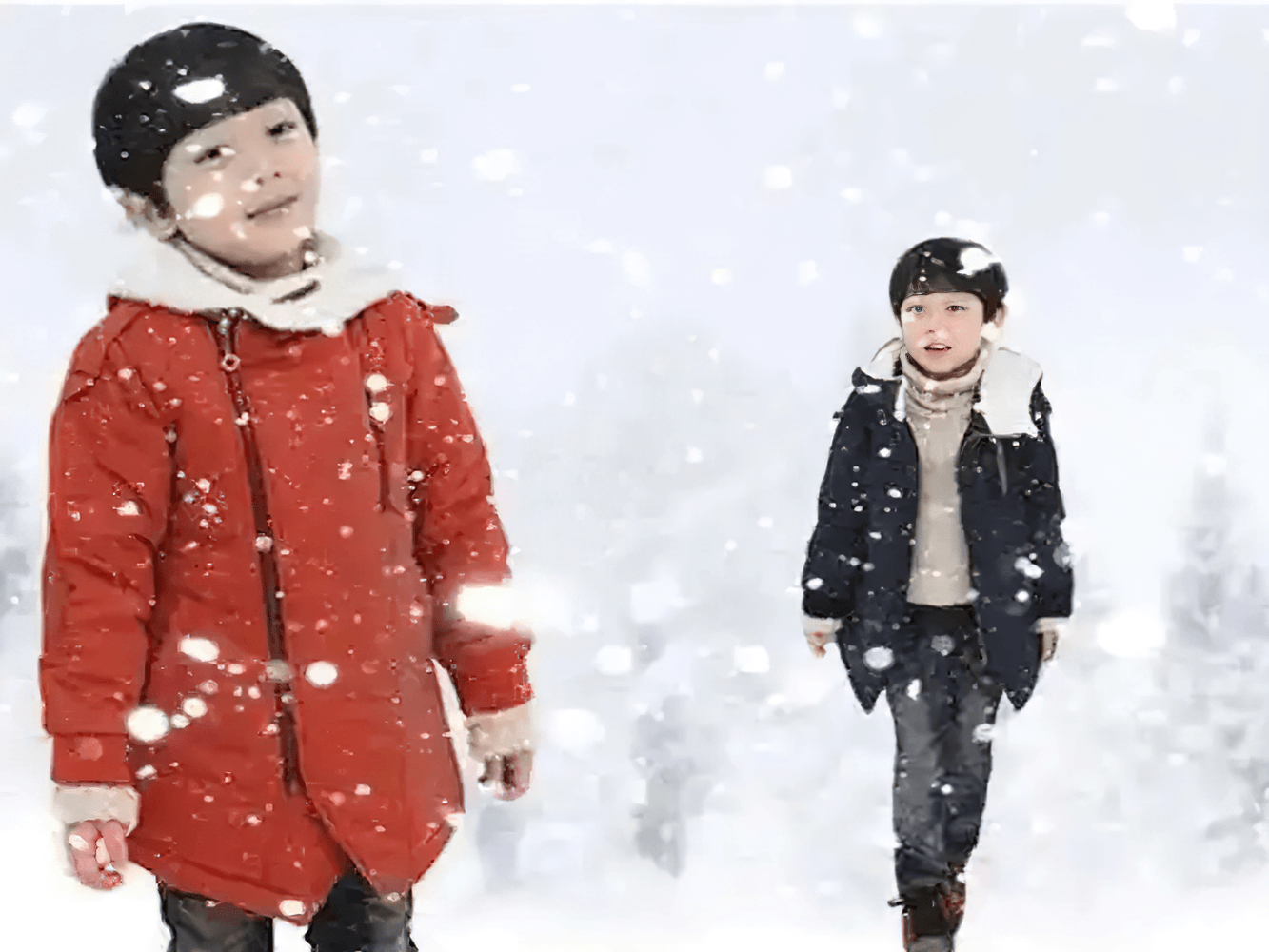 Two children in the snow wearing the Kids Hooded Cotton Parka Jacket with Warm Lining - SF3591, displaying winter style and warmth.