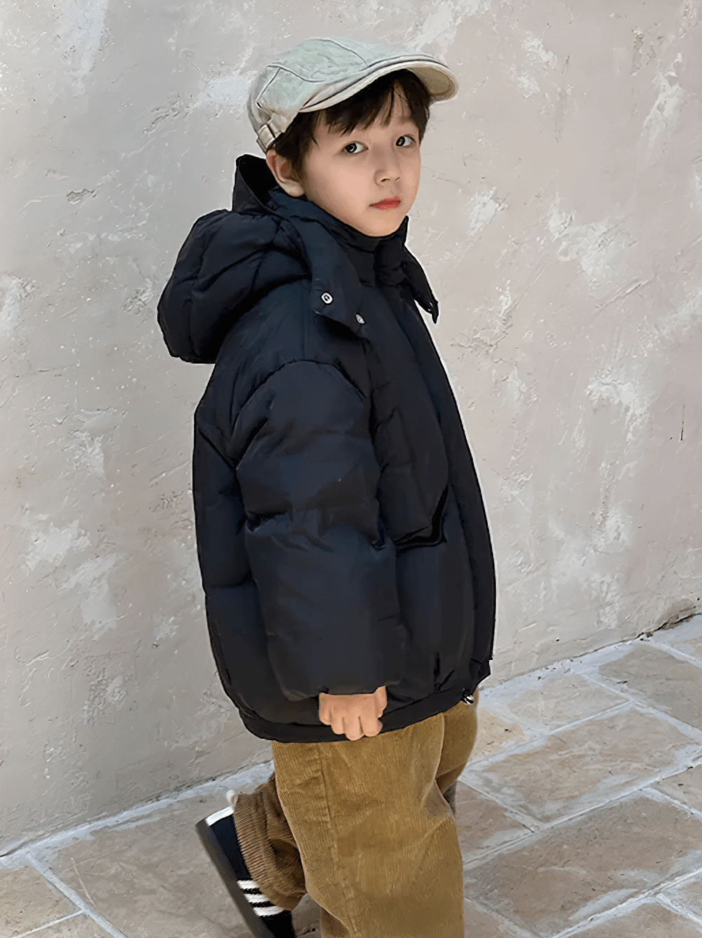 Young boy wearing Kids Hooded Down Jacket With Warm Thicken Padding - SF3809, perfect for chilly outdoor play.