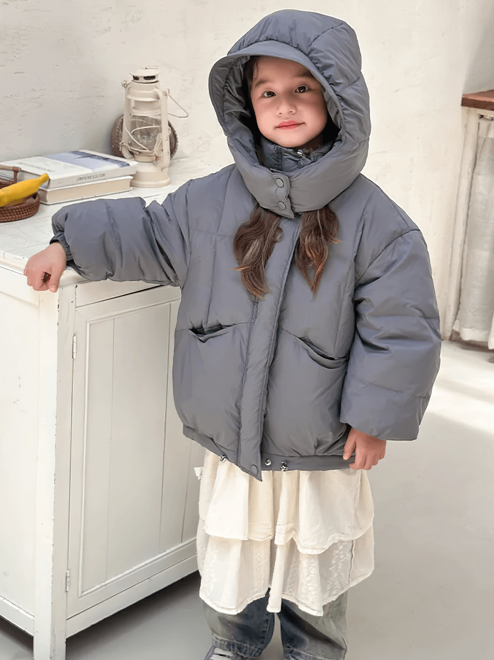 Child wearing Kids Hooded Down Jacket With Warm Thicken Padding - SF3809, showcasing cozy winter style with duck down filling.