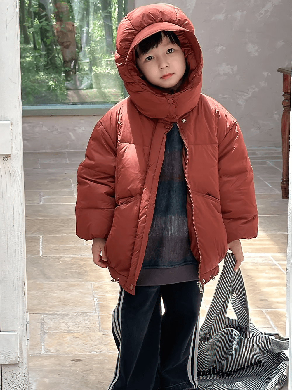 Child wearing Kids Hooded Down Jacket With Warm Thicken Padding - SF3809, featuring warm duck down filling and cozy linings.