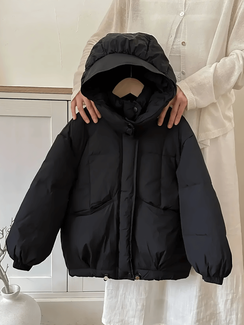 Kids Hooded Down Jacket With Warm Thicken Padding - SF3809 black winter coat displayed on hanger, featuring cozy hood and pockets.