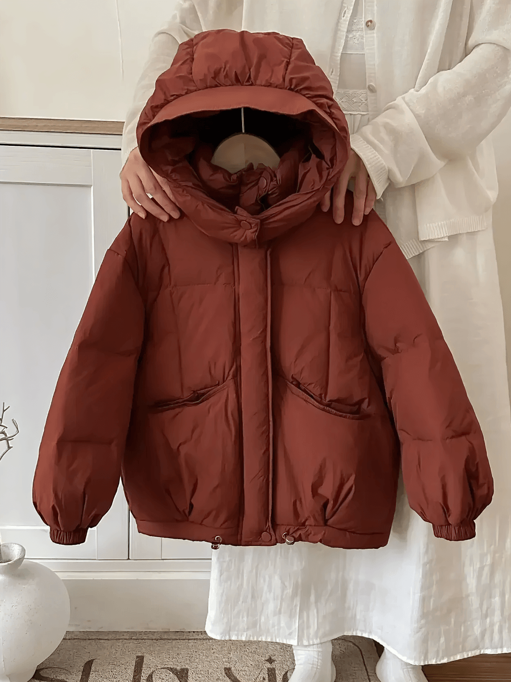 Kids Hooded Down Jacket With Warm Thicken Padding - SF3809 in brown, displayed by person wearing white, showcasing winter functionality.