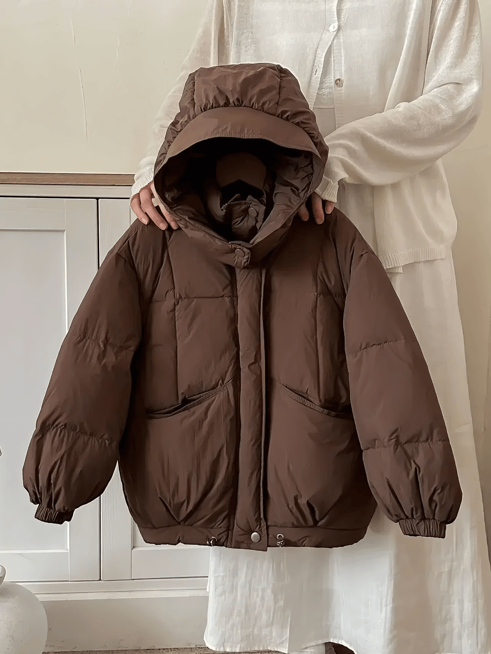 Kids Hooded Down Jacket With Warm Thicken Padding - SF3809 in brown, showcasing hood and practical pockets for chilly weather.