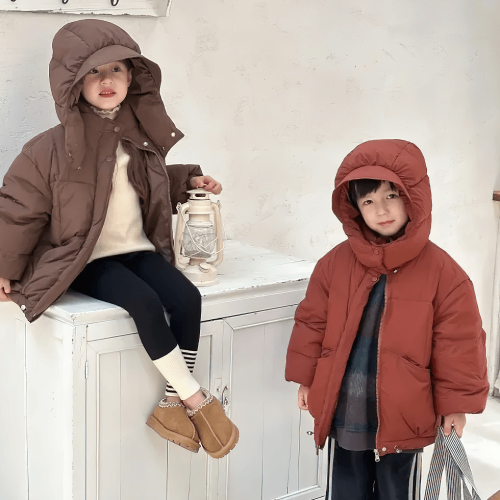 Kids wearing Kids Hooded Down Jacket With Warm Thicken Padding - SF3809, staying warm and cozy outdoors.