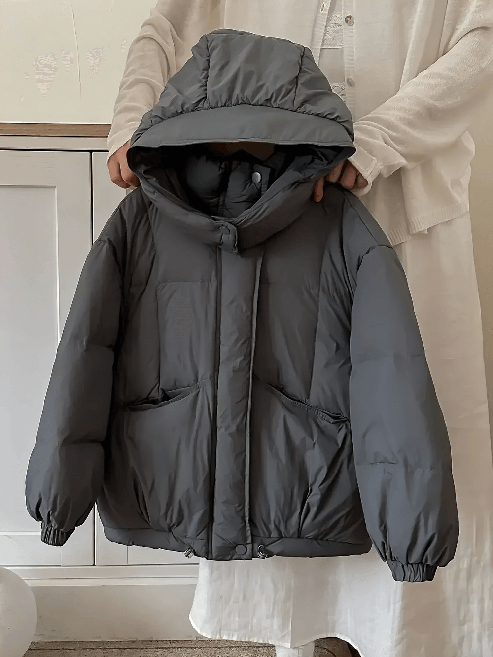 Kids Hooded Down Jacket With Warm Thicken Padding - SF3809 in dark grey on display, highlighting its warm, insulated design.