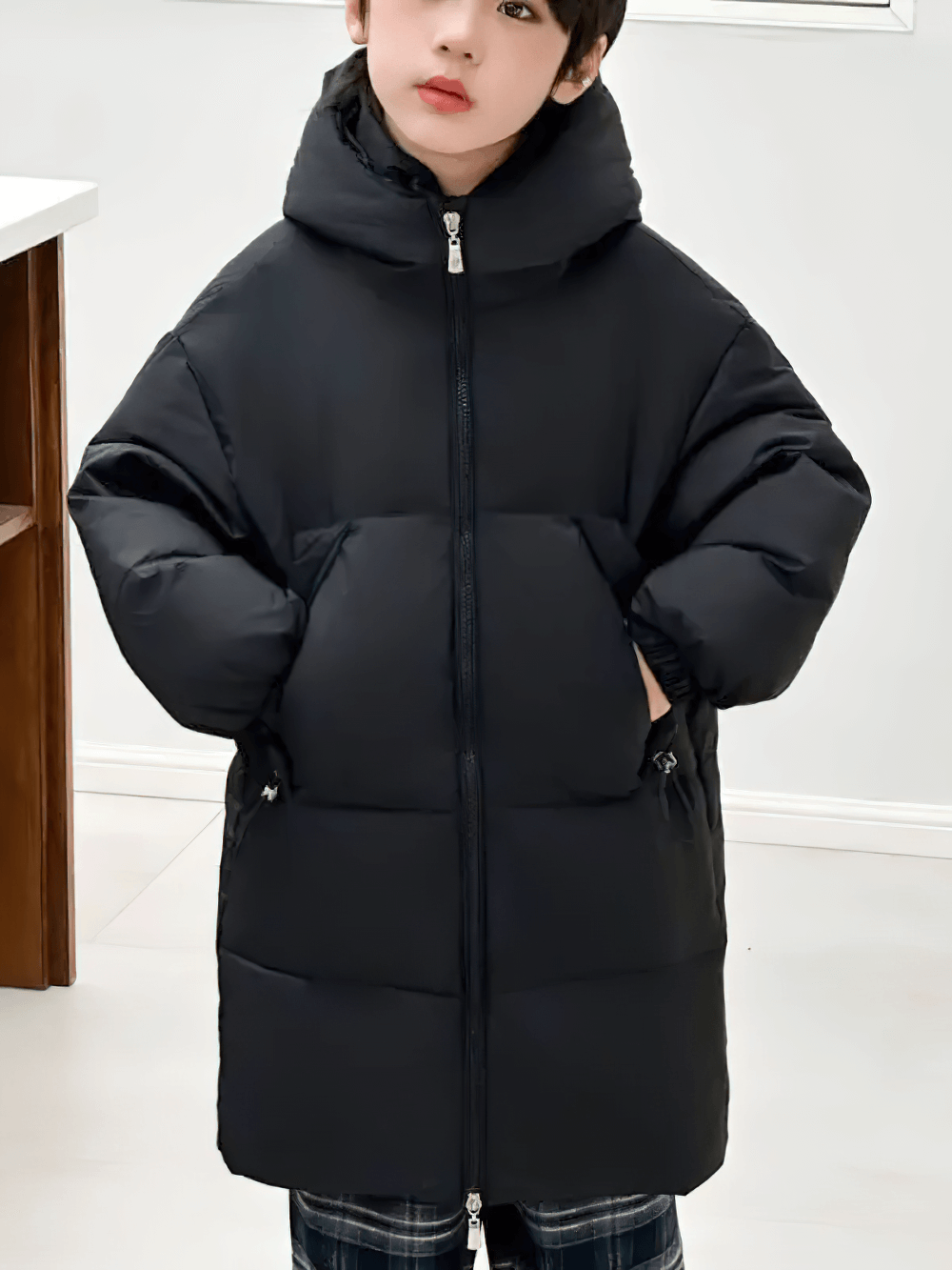 Child wearing Kids Hooded Down Warm Coat for Boys and Girls - SF3873, ideal for outdoor adventures in cold weather.