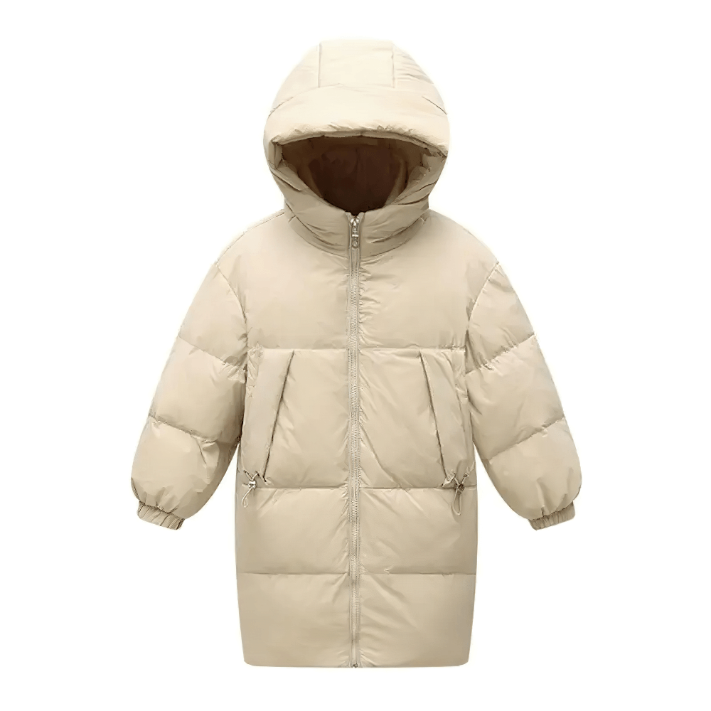 Kids Hooded Down Warm Coat for Boys and Girls - SF3873 in beige, perfect for outdoor activities and winter fashion, with a cozy hood.