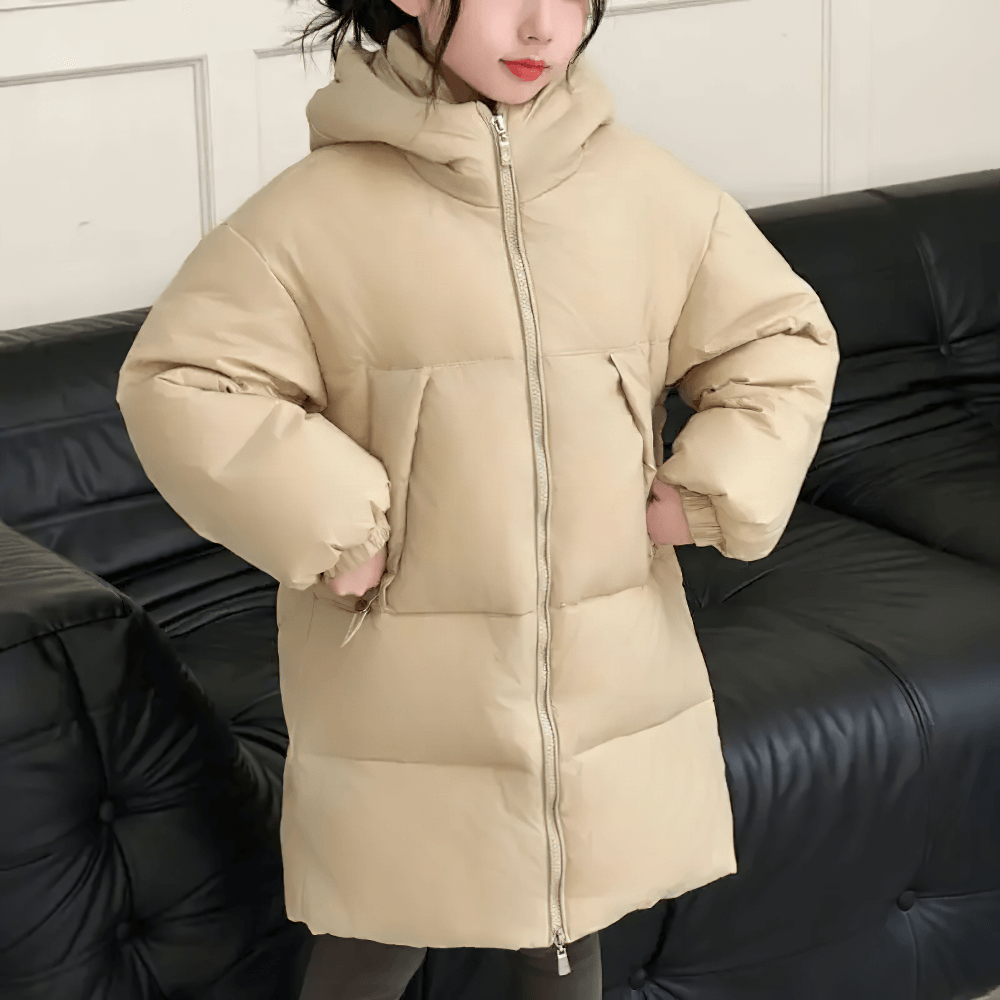 Child wearing Kids Hooded Down Warm Coat for Boys and Girls - SF3873, beige puffer jacket, autumn winter fashion for outdoor activities