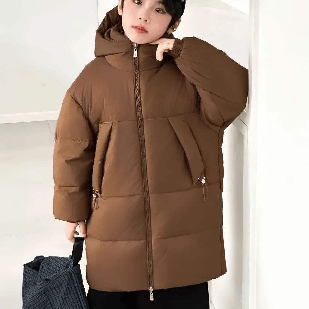 Kids Hooded Down Warm Coat for Boys and Girls - SF3873 in solid brown for outdoor adventures, perfect for hiking and sports.