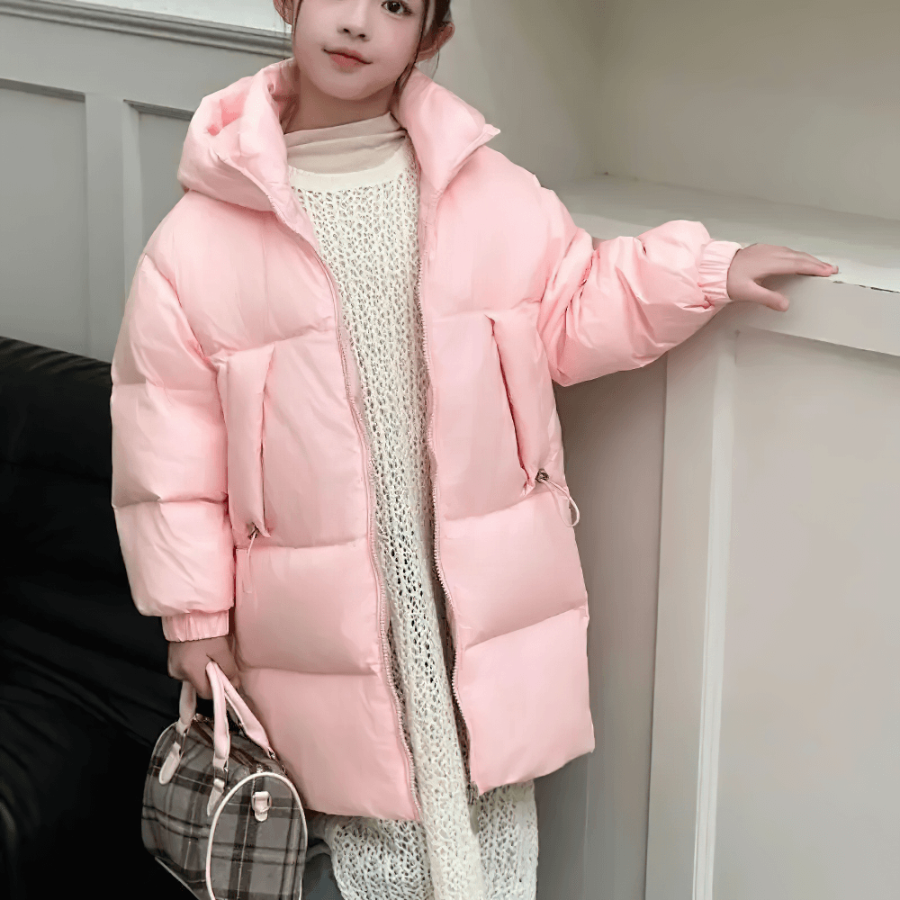 Child wearing Kids Hooded Down Warm Coat for Boys and Girls - SF3873 in pink, perfect for outdoor winter activities.