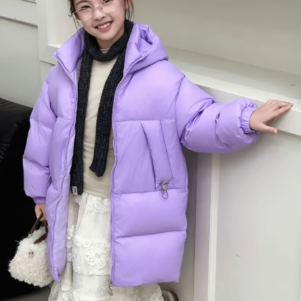 Child wearing purple Kids Hooded Down Warm Coat for Boys and Girls - SF3873, stylish puffer coat for outdoor adventures.