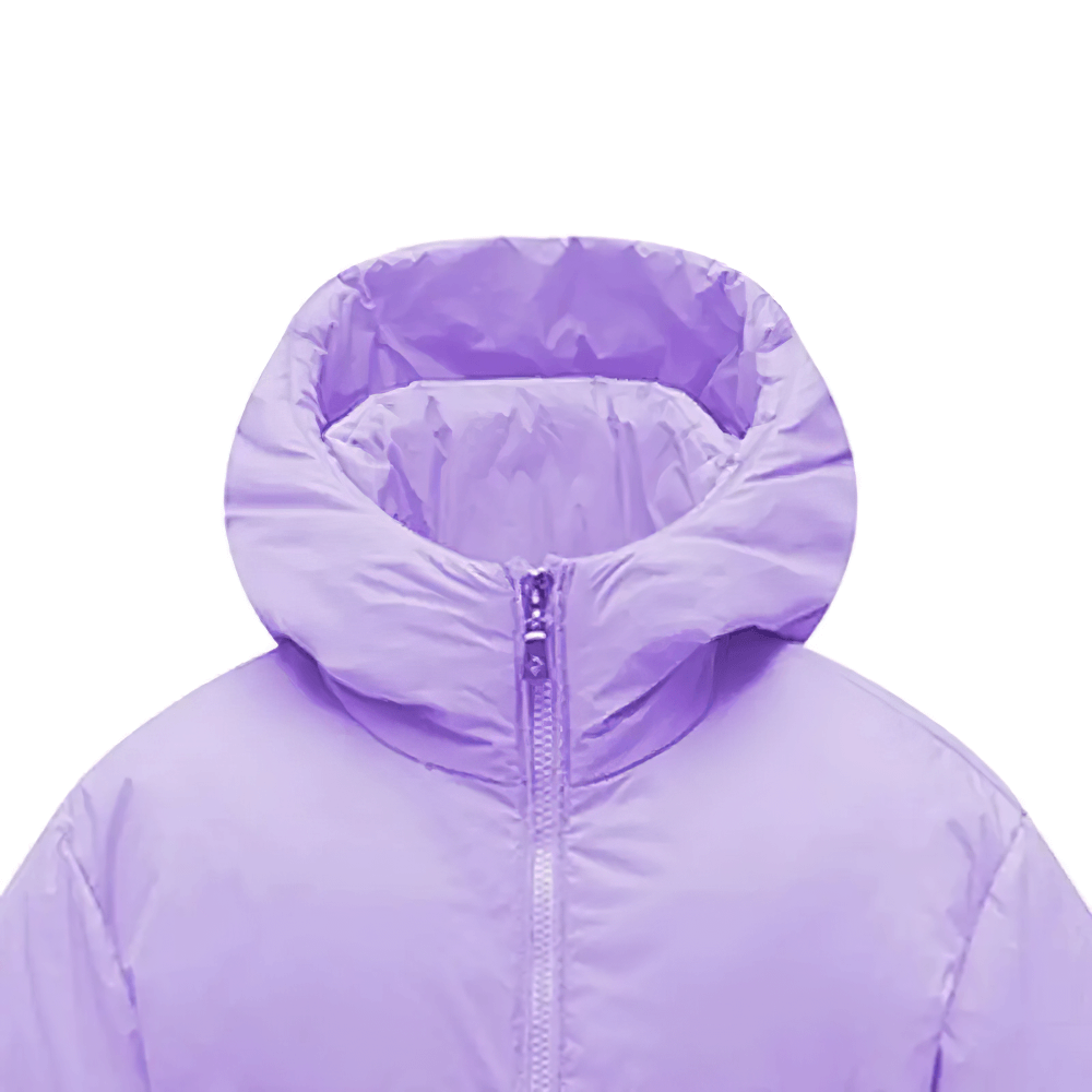Kids Hooded Down Warm Coat for Boys and Girls - SF3873 in purple with padded hood and zipper for winter activities.