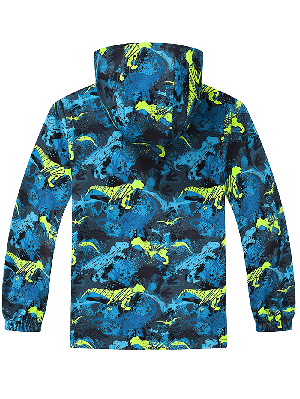 Back view of Kids Hooded Jacket with Colorful Graffiti Print - SF3606, featuring blue and yellow playful graffiti design.