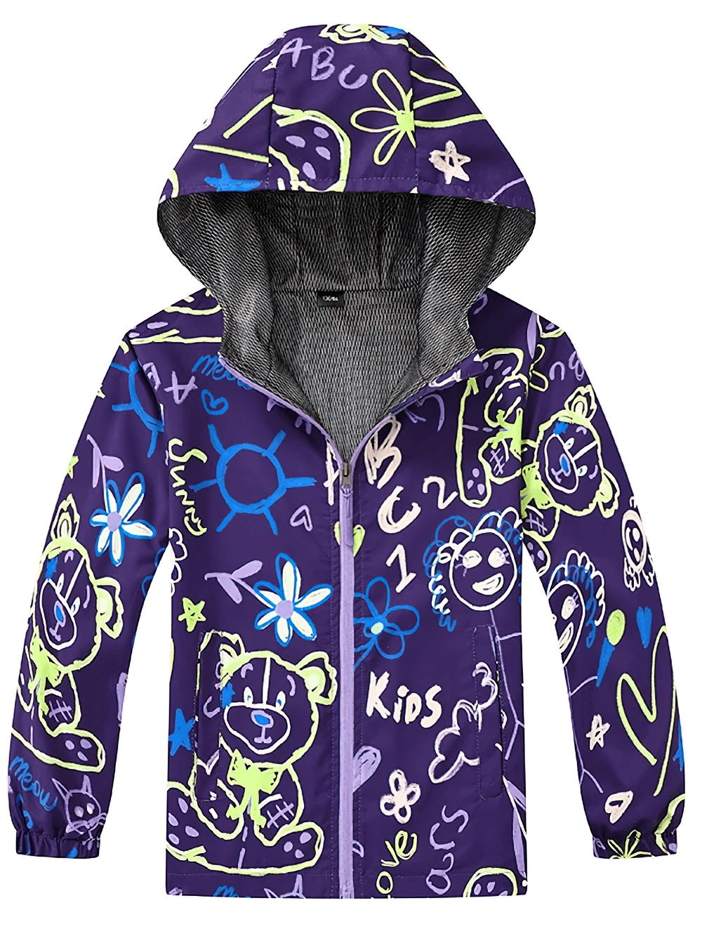 Kids Hooded Jacket with Colorful Graffiti Print - SF3606, a vibrant raincoat for boys and girls with playful designs, perfect for spring weather.