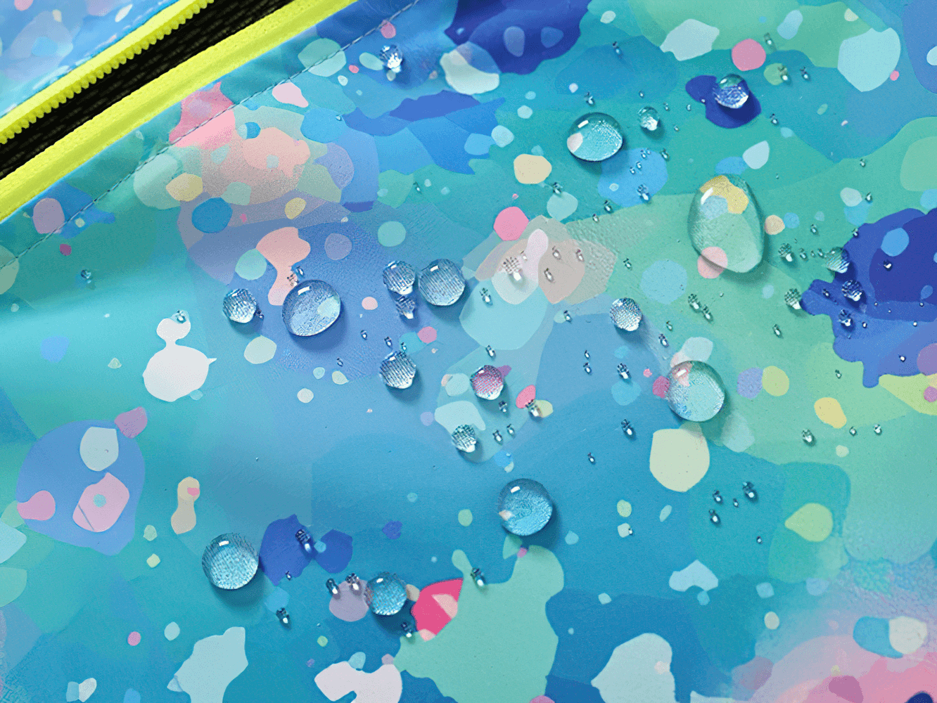 Close-up of Kids Hooded Jacket with Colorful Graffiti Print - SF3606 showcasing vibrant waterproof graffiti design with water droplets.