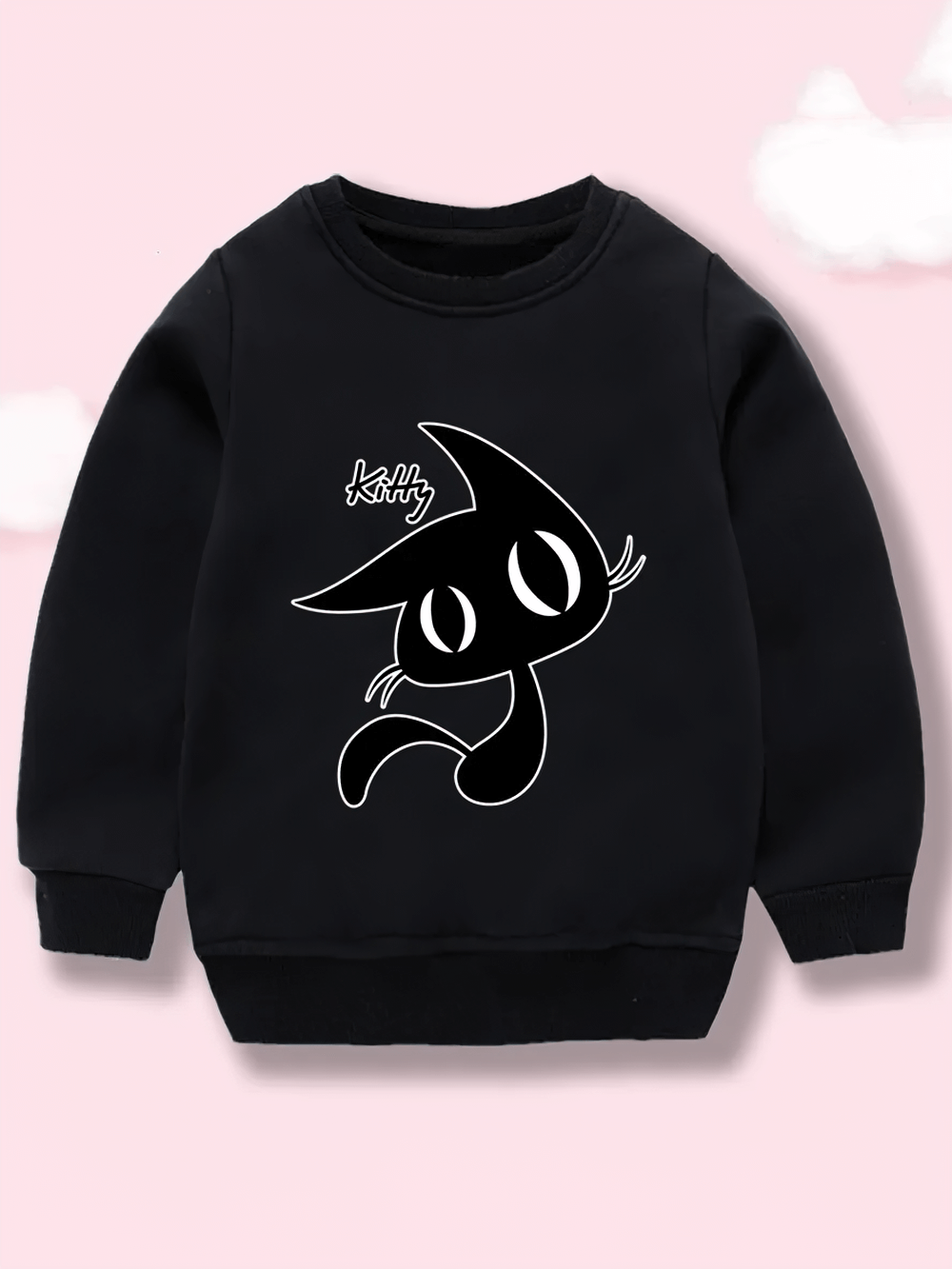 Kids Kitty Graphic Crewneck Sweatshirt - SF3644 featuring a playful kitty design on a black fabric, perfect for stylish kids.