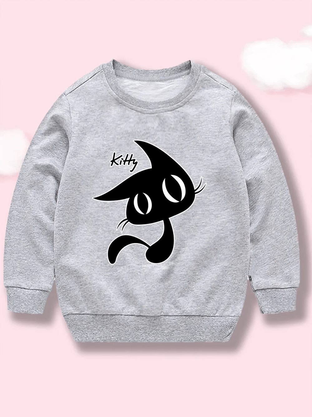 Alt Tag: Kids Kitty Graphic Crewneck Sweatshirt - SF3644 in gray showcasing black kitty design on front, perfect for children.
