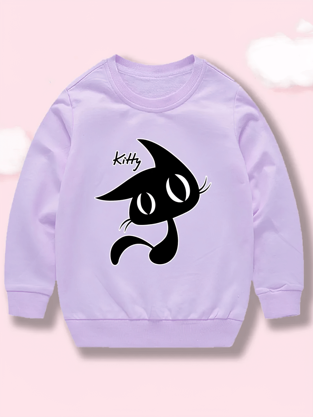 Light purple Kids Kitty Graphic Crewneck Sweatshirt - SF3644 with a cute black kitty design on the front.