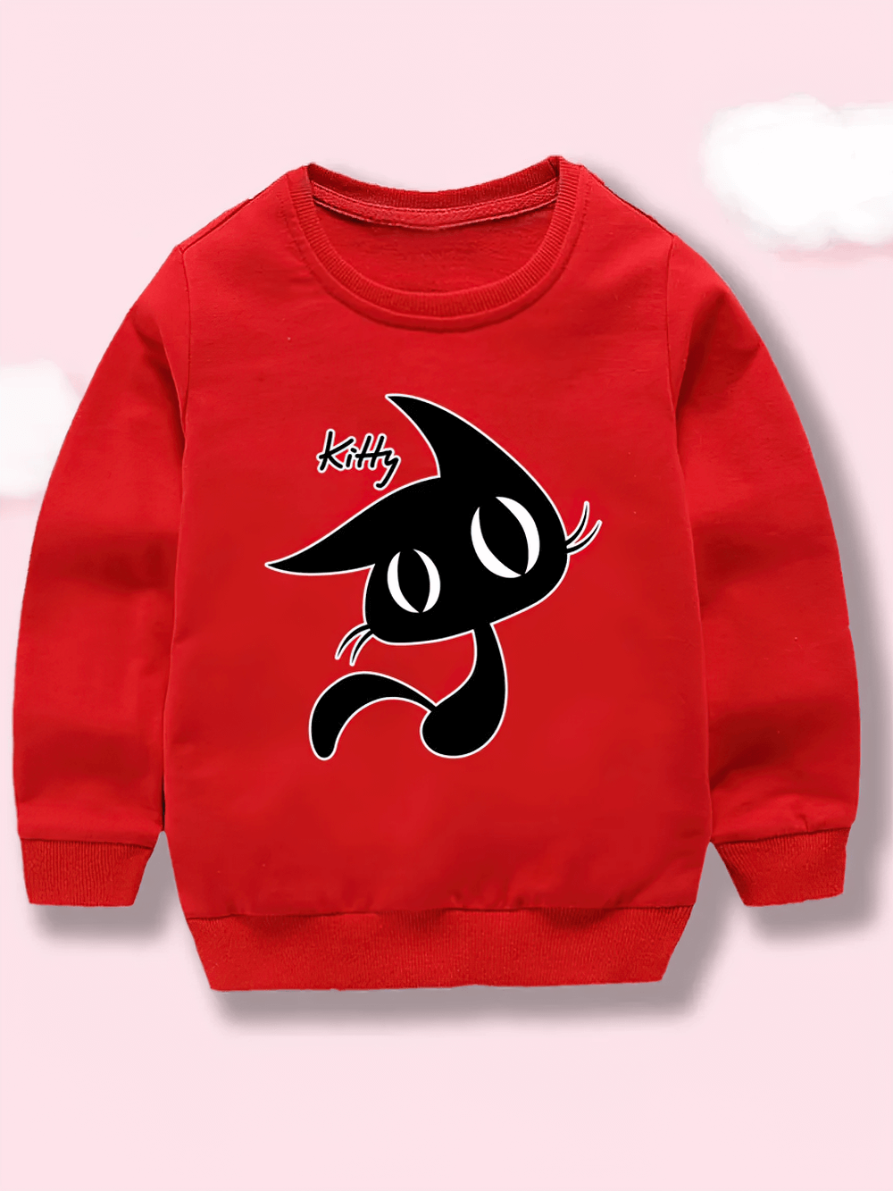 Bright red Kids Kitty Graphic Crewneck Sweatshirt - SF3644 featuring a cute black and white kitty design, perfect for children.