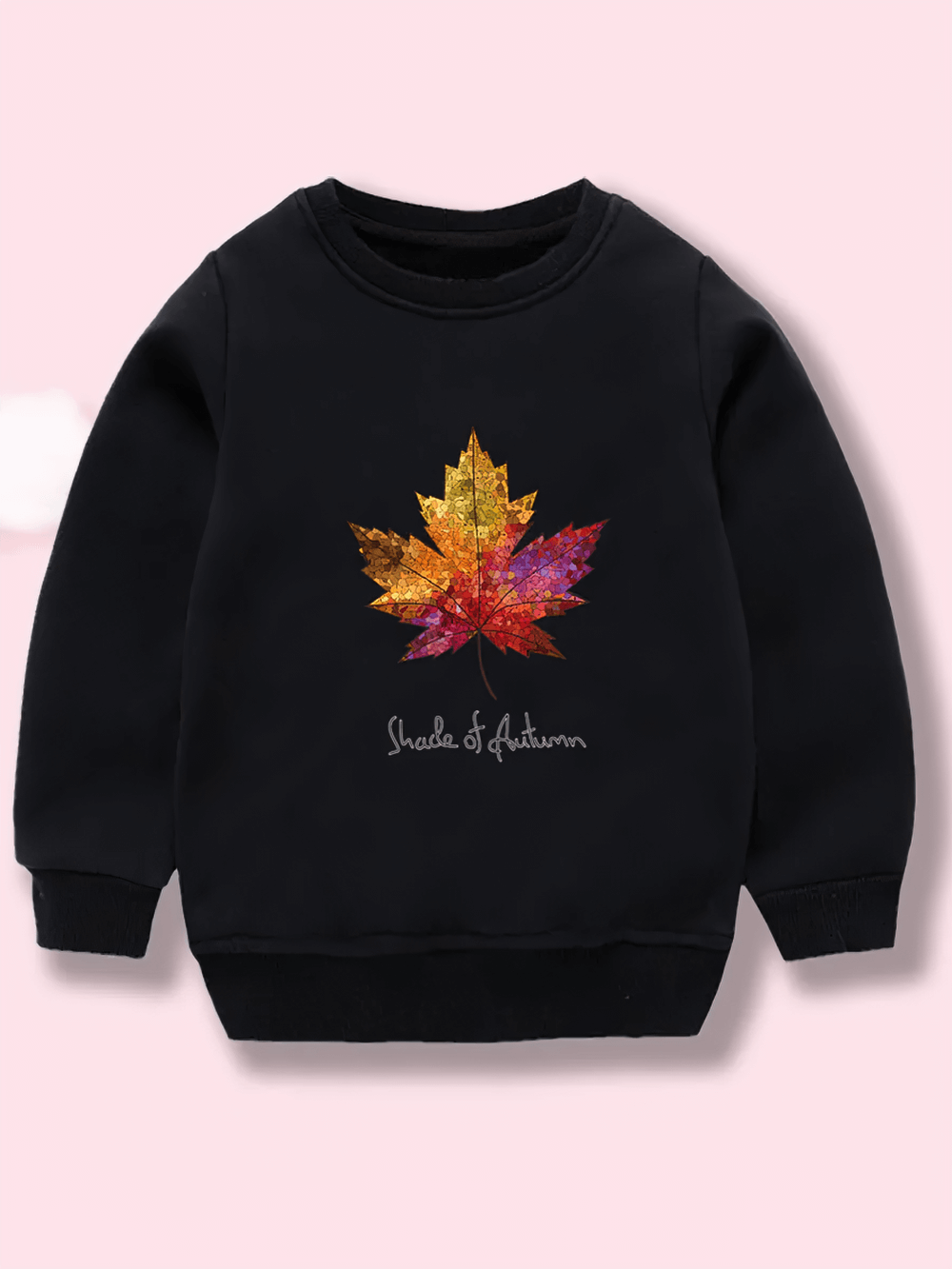 Kids Leaf Print Long-Sleeved Sweatshirt for Girls - SF3807 with colorful maple leaf design on black pullover.