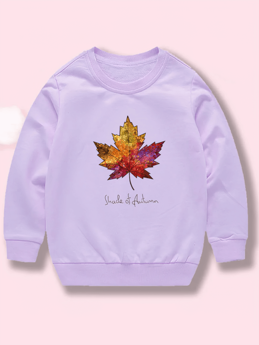 Kids Leaf Print Long-Sleeved Sweatshirt for Girls - SF3807 with fall maple leaf design on a soft, lavender pullover.
