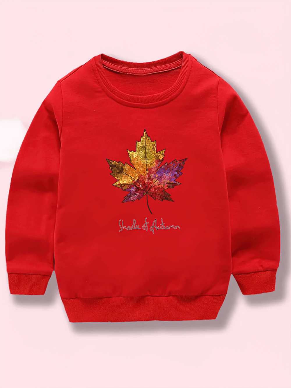 Kids Leaf Print Long-Sleeved Sweatshirt for Girls - SF3807 featuring maple leaf design on red background, perfect for fall fashion.