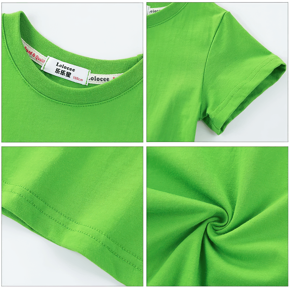 Close-up of bright green fabric from Kids Lemon Bike Graphic T-Shirt with Fun Style - SF3773, showing neckline, sleeve, and fabric texture.