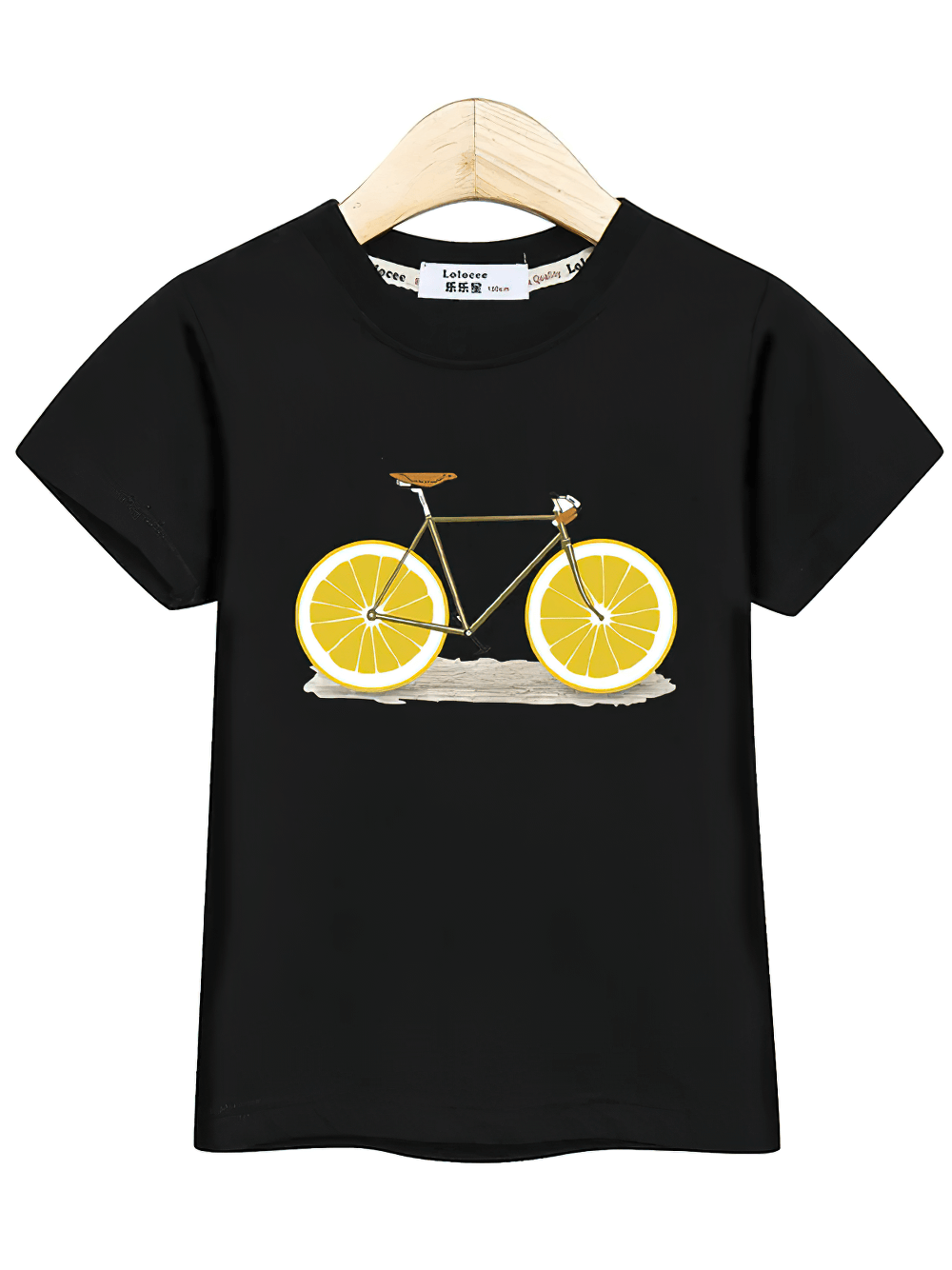 Kids Lemon Bike Graphic T-Shirt with Fun Style - SF3773, black tee featuring a whimsical lemon bike print for boys and girls.