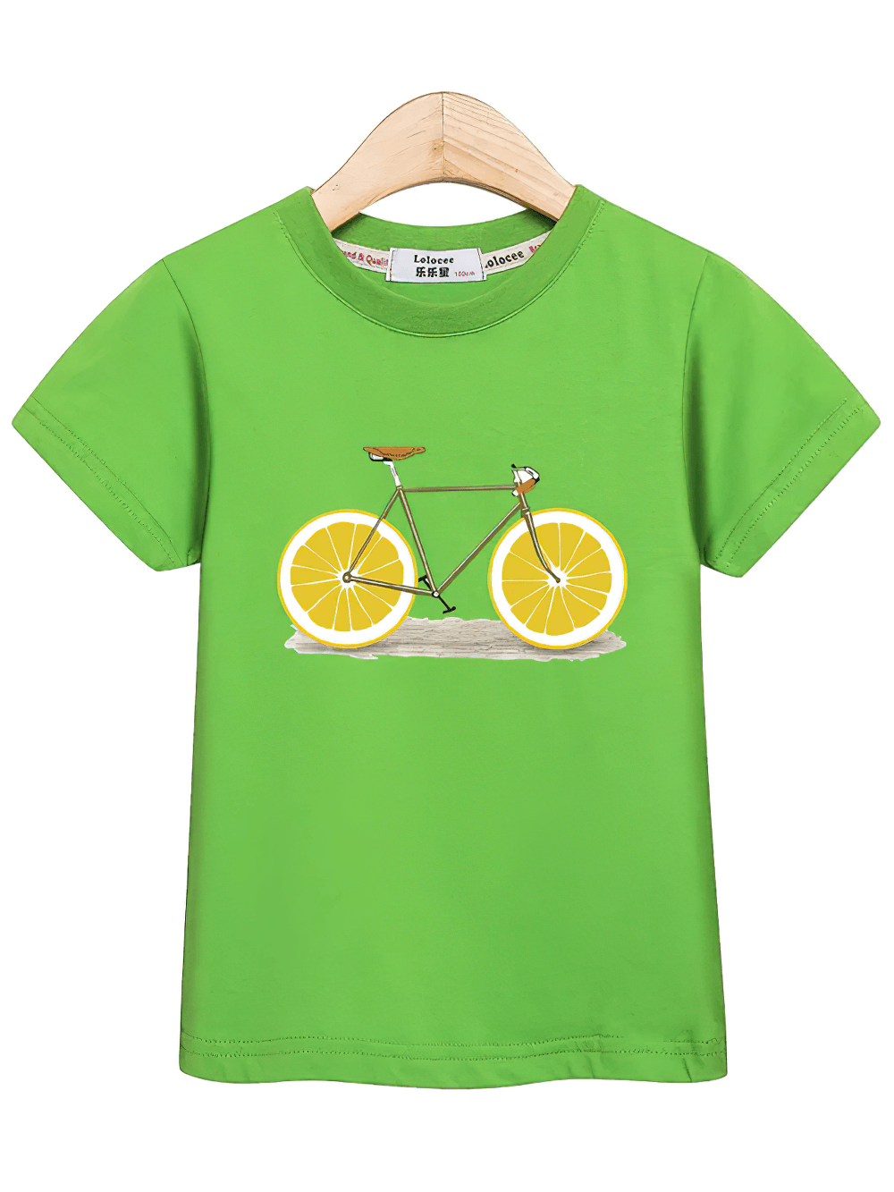 Kids Lemon Bike Graphic T-Shirt with Fun Style - SF3773 in green with a playful lemon bicycle print for boys and girls.