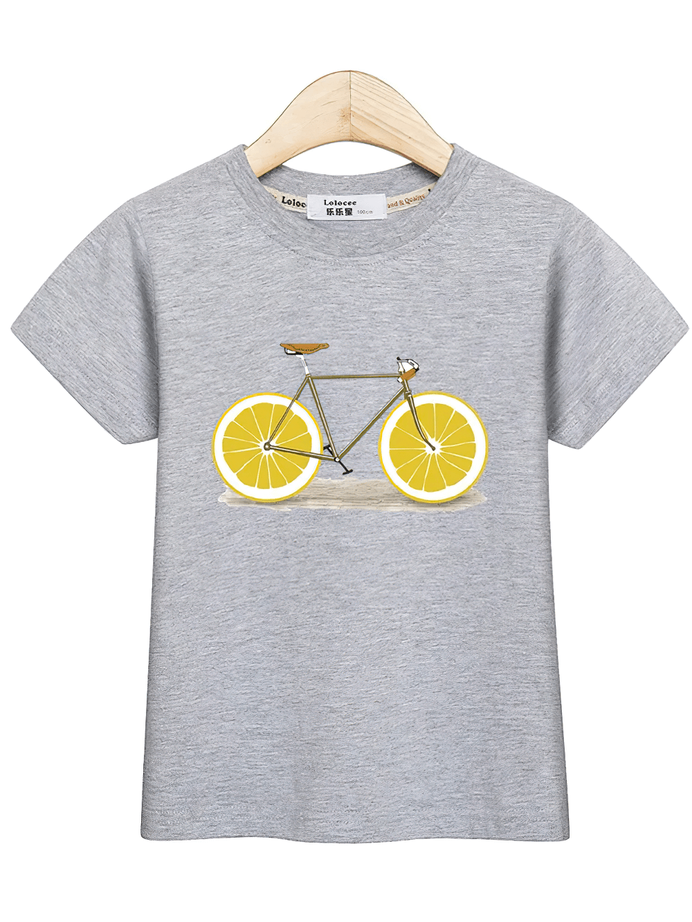 Gray Kids Lemon Bike Graphic T-Shirt with Fun Style - SF3773 featuring a yellow bicycle print on a hanger, perfect for playful outfits.