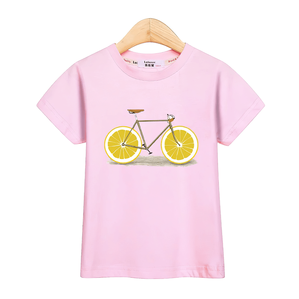Kids Lemon Bike Graphic T-Shirt with Fun Style - SF3773 in pink with lemon bike illustration, perfect for boys and girls' outfits