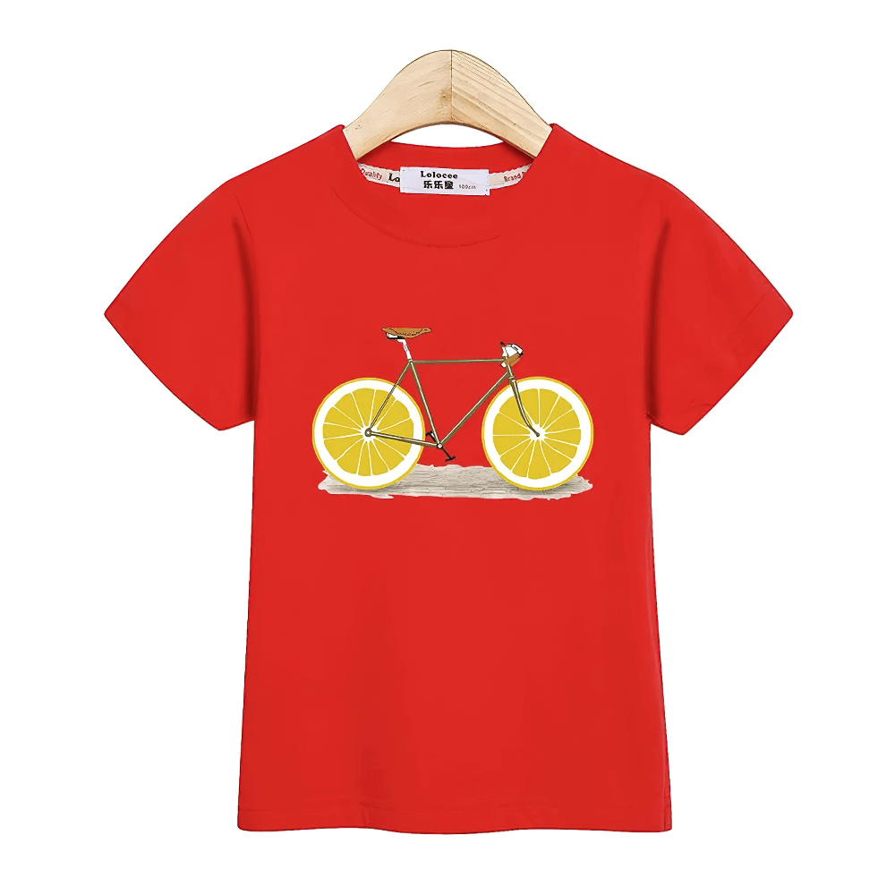 Kids Lemon Bike Graphic T-Shirt with Fun Style - SF3773 featuring cartoon bicycle print on a red short-sleeved tee for boys and girls.