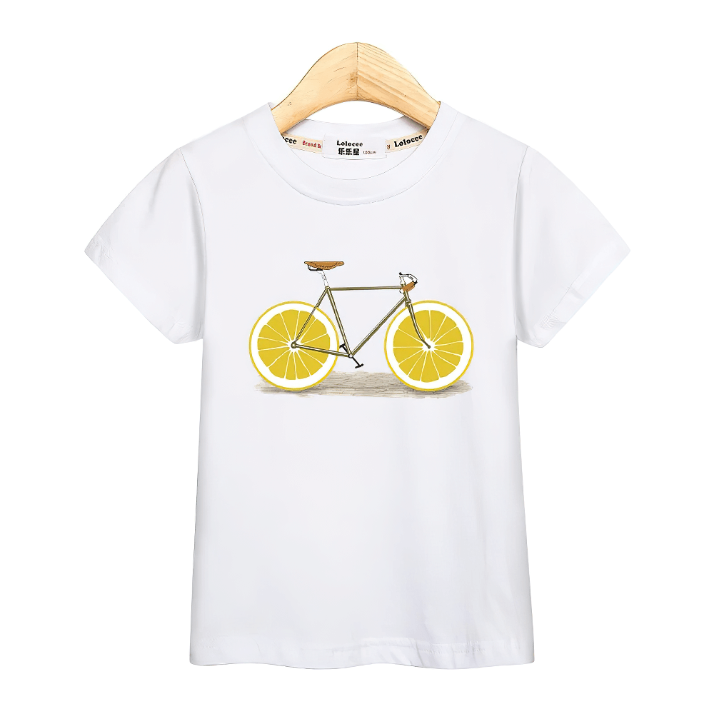 Kids Lemon Bike Graphic T-Shirt with Fun Style - SF3773 featuring cartoon bicycle print on white tee for boys and girls.