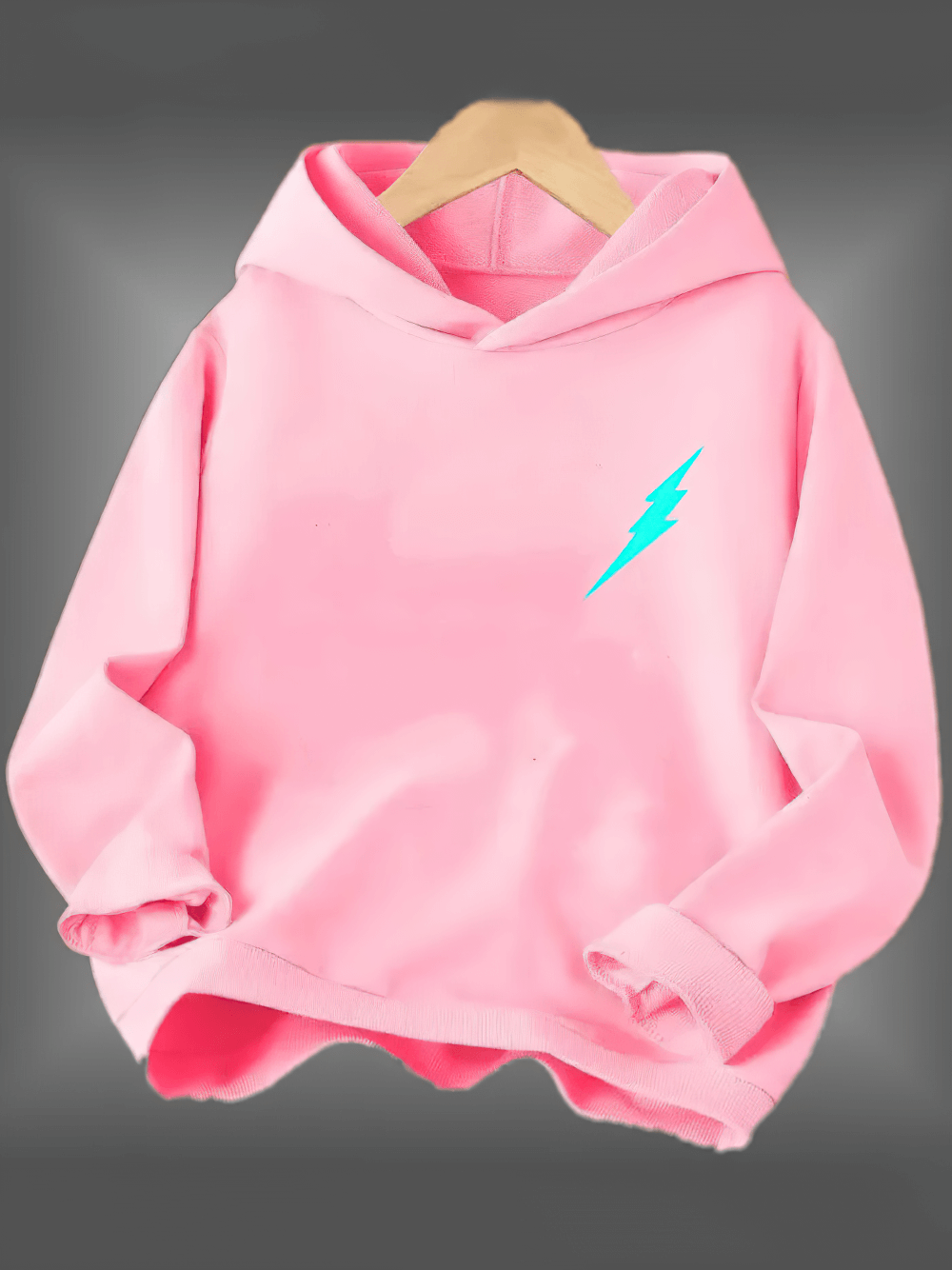 Pink Kids Lightning Graphic Hoodie In Bold Colors - SF3815 with electric bolt design and ribbed cuffs on hanger.