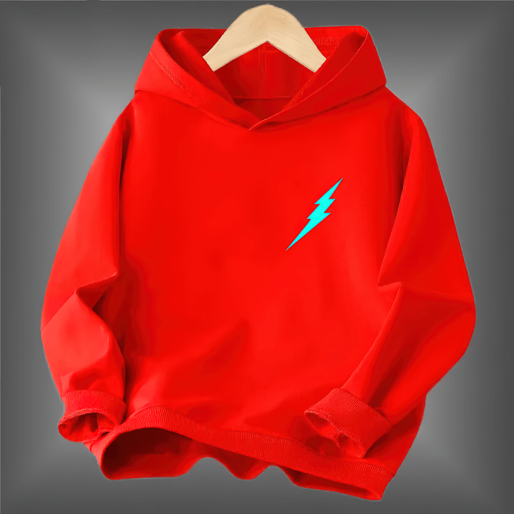 Kids Lightning Graphic Hoodie In Bold Colors - SF3815 in vibrant red with electric blue lightning bolt design.
