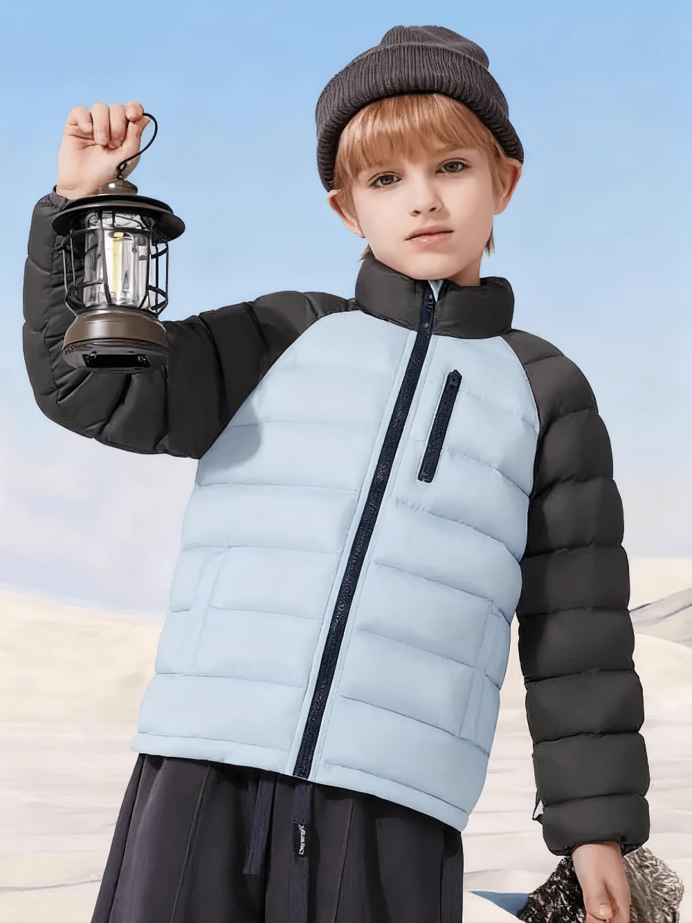 Kid wearing Kid's Lightweight Down Jacket with Stand Collar - SF3844, holding a lantern, showcasing color block design on snowy day.