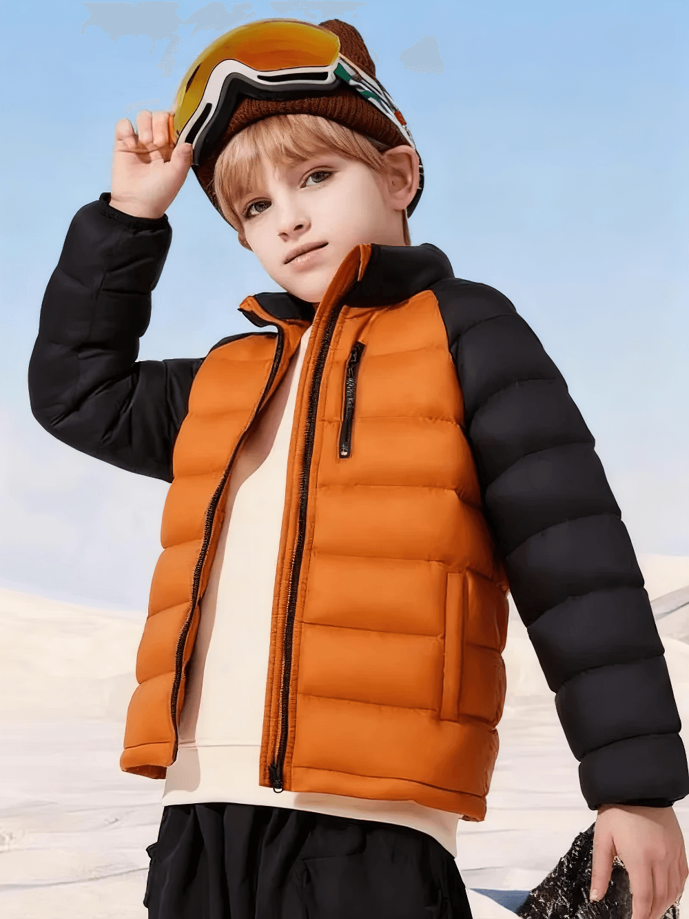 Kid wearing Kid's Lightweight Down Jacket with Stand Collar - SF3844, showcasing sporty raglan sleeves and warm color block design.