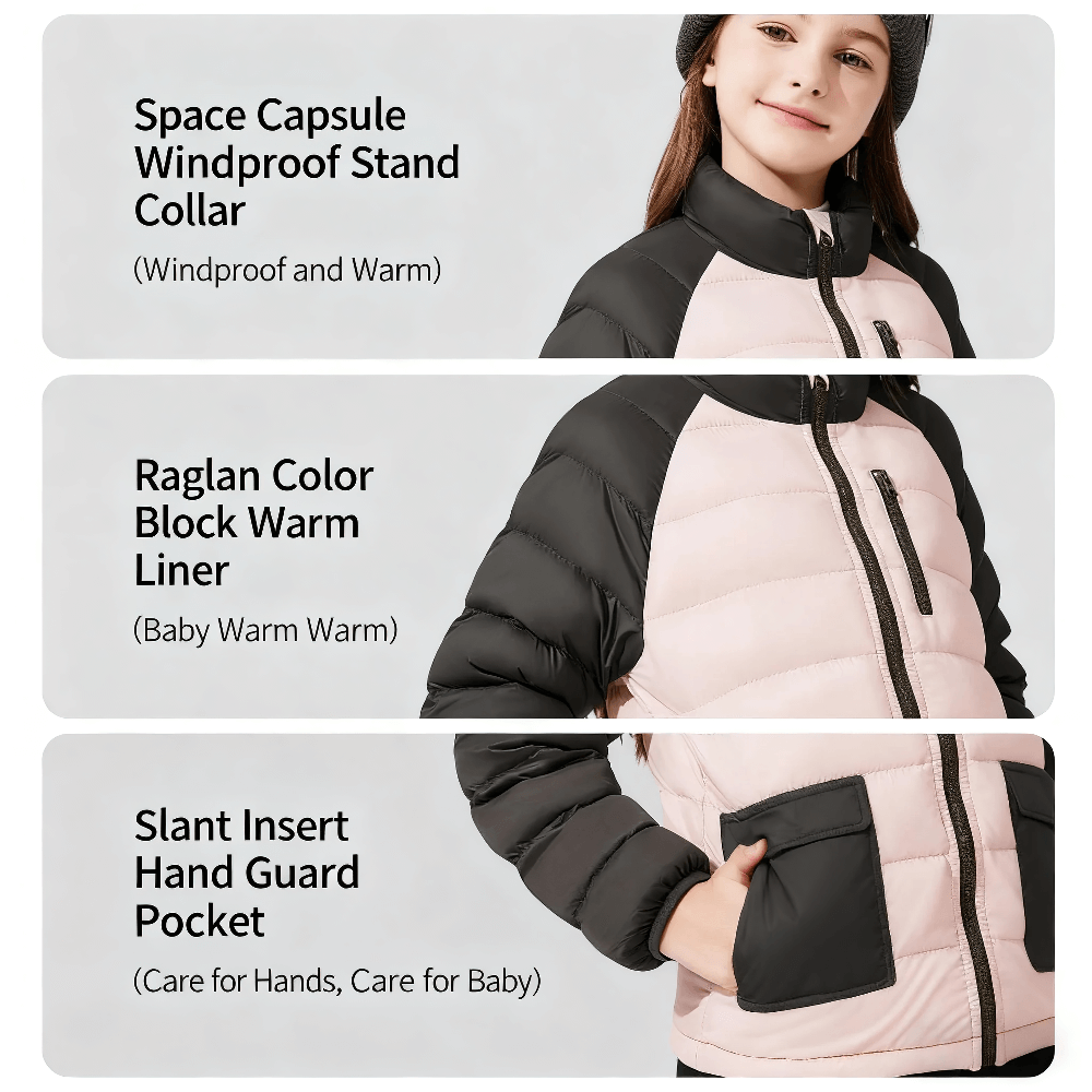 Kid's Lightweight Down Jacket with Stand Collar - SF3844, featuring windproof collar, color block design, and slant pockets for winter warmth.
