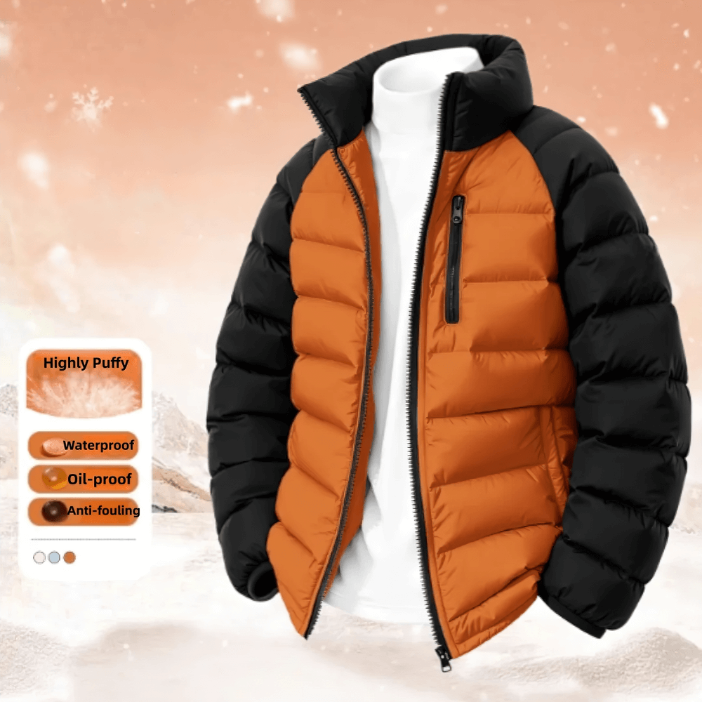 Kid's Lightweight Down Jacket with Stand Collar - SF3844 in orange and black color block with windproof design and full zip front.