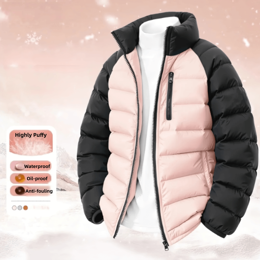 Kid's Lightweight Down Jacket with Stand Collar - SF3844 in color block design, featuring windproof collar and raglan sleeves for warmth.