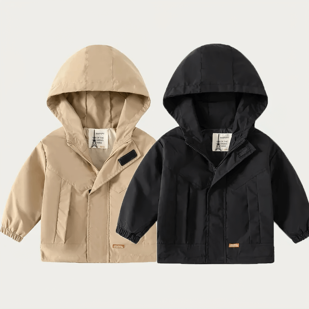 Kid's Lightweight Hooded Windbreaker - SF3549 in beige and black, front view of stylish, practical kids' jackets with zipper and pockets.