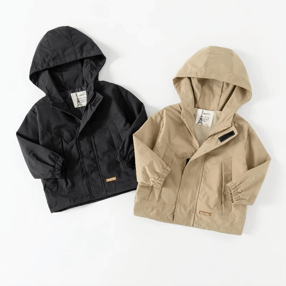 Kid's Lightweight Hooded Windbreaker - SF3549 in black and beige, stylish unisex jacket for kids with zipper, elastic cuffs, and side pockets.