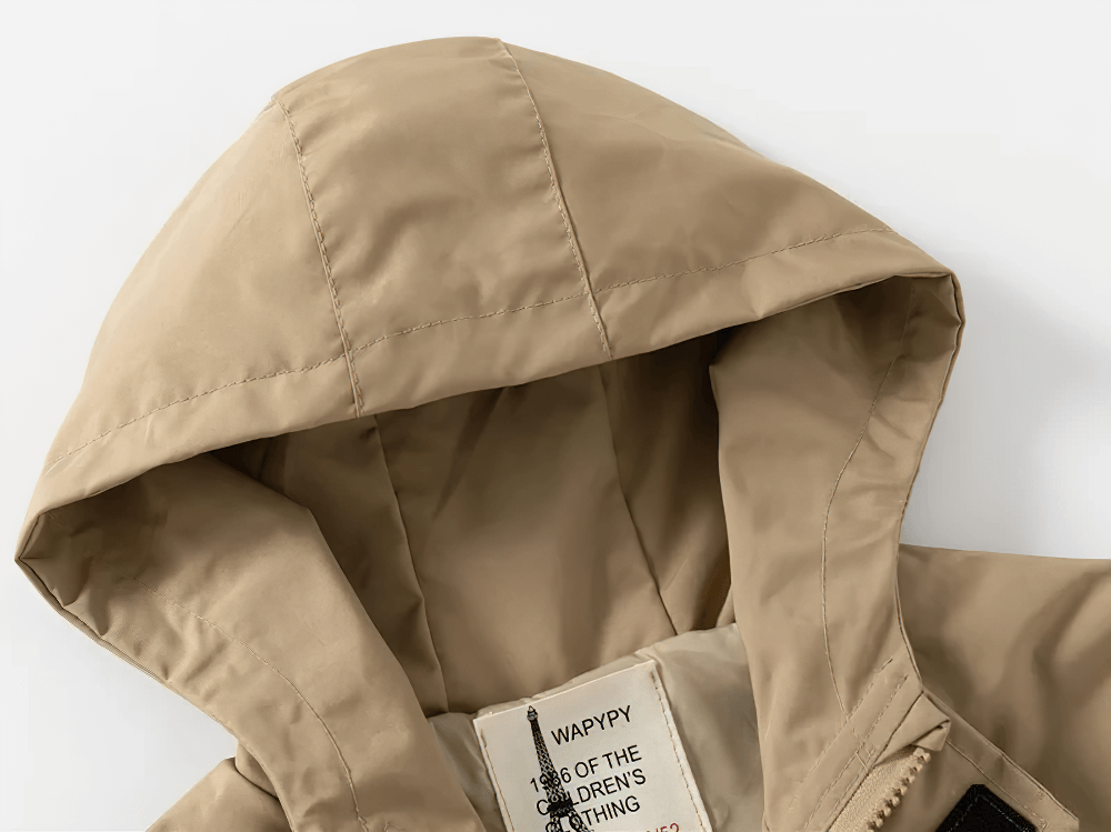 Kid's Lightweight Hooded Windbreaker - SF3549 in beige with a front zipper and hood, perfect for casual or outdoor wear for kids.