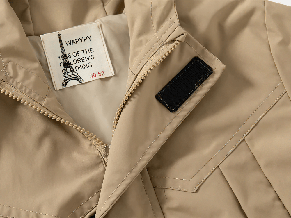 Close-up of Kid's Lightweight Hooded Windbreaker - SF3549 in beige with zipper detail.