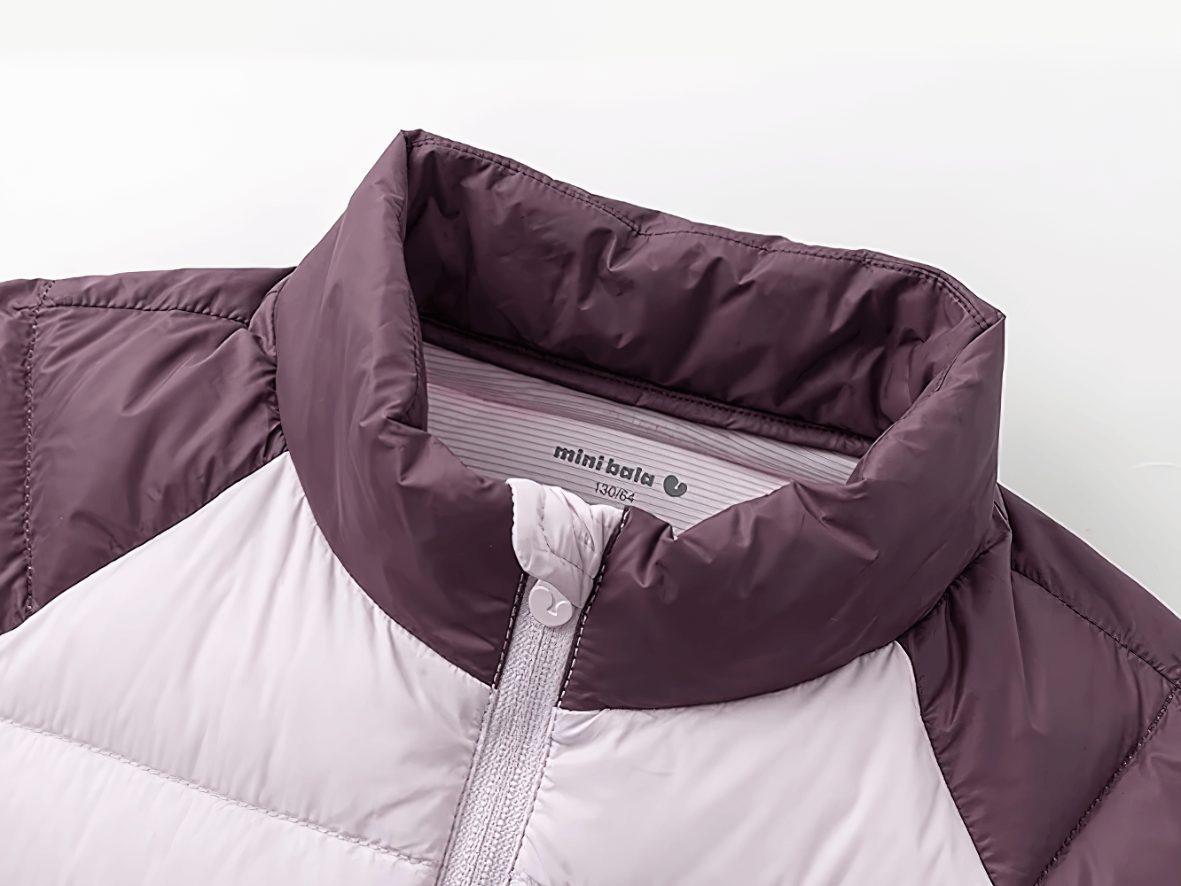 Kids Lightweight Jacket with Warm Quilted Design - SF3702, close-up of collar and zipper, showing insulated quilted fabric in purple and white.