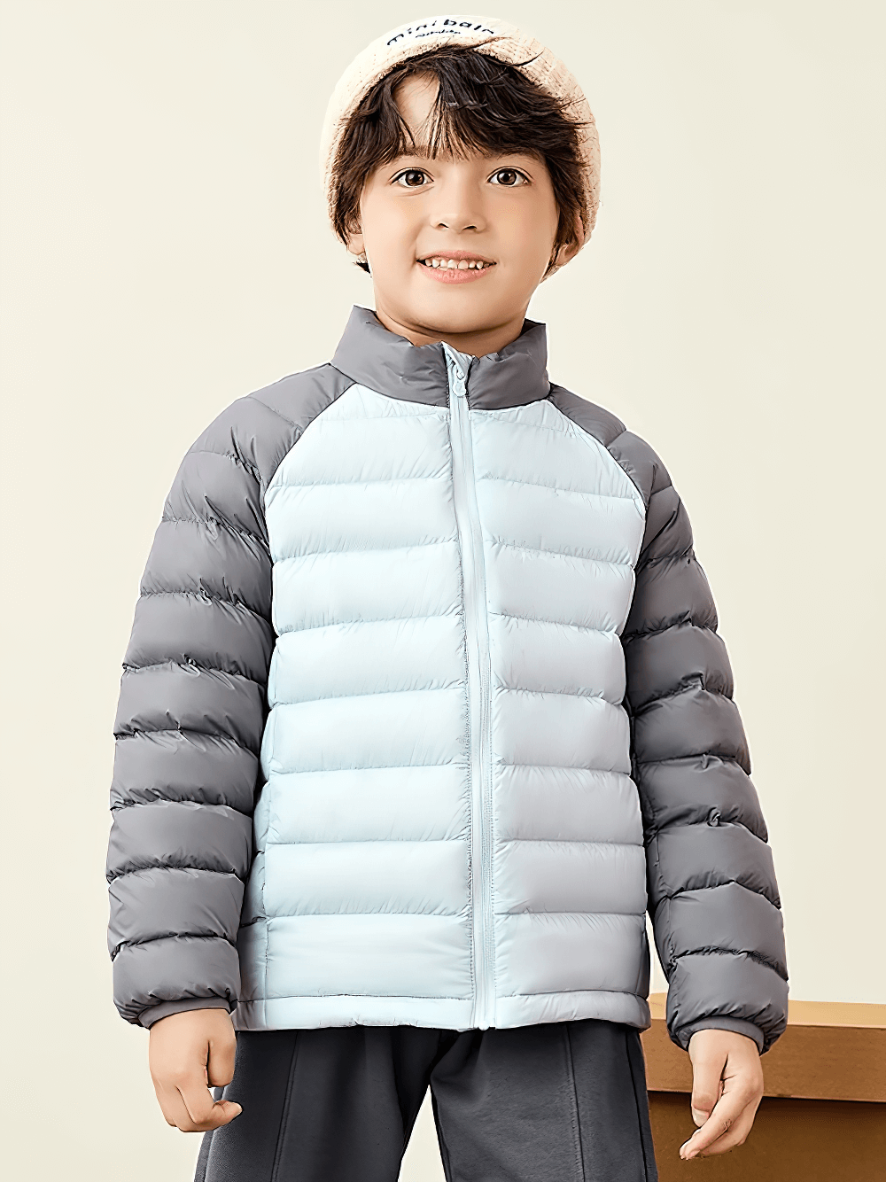 Smiling child wearing Kids Lightweight Jacket with Warm Quilted Design - SF3702, ideal for playing in cold weather.