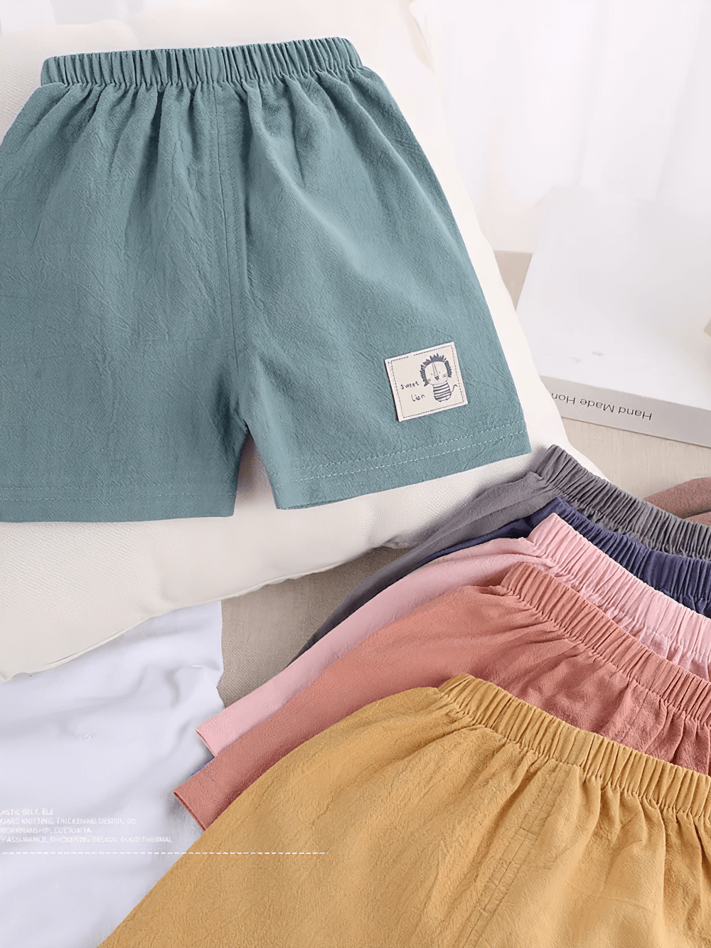 Colorful Kids Lightweight Shorts with Cute Patch Detail - SF3755 in multiple colors; featuring elastic waistband and stripe trim.