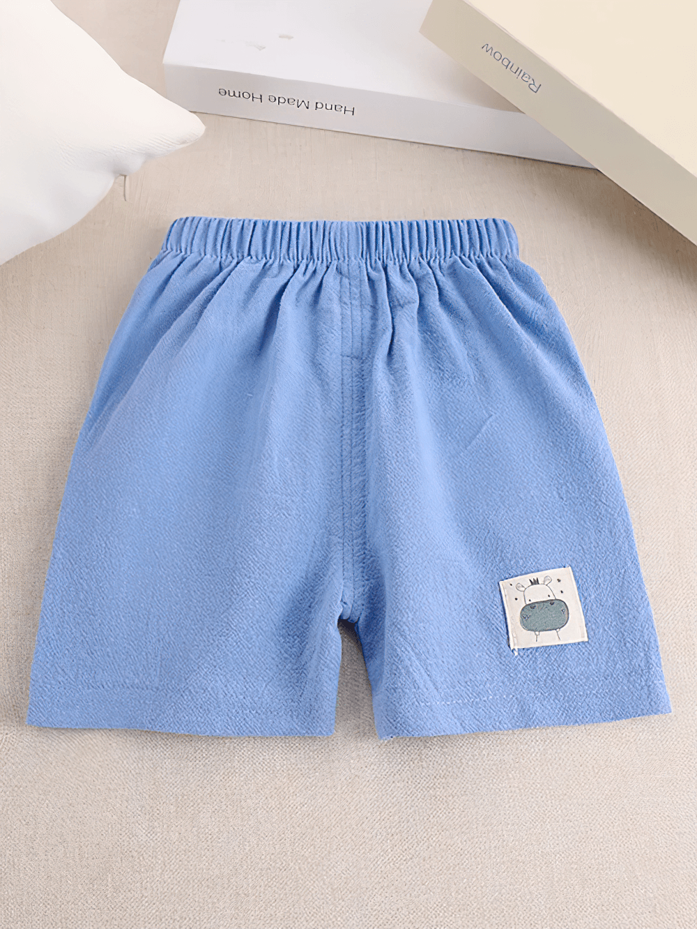 Kids Lightweight Shorts with Cute Patch Detail - SF3755 in blue with elastic waistband and comfy fit, ideal for active kids and teens.